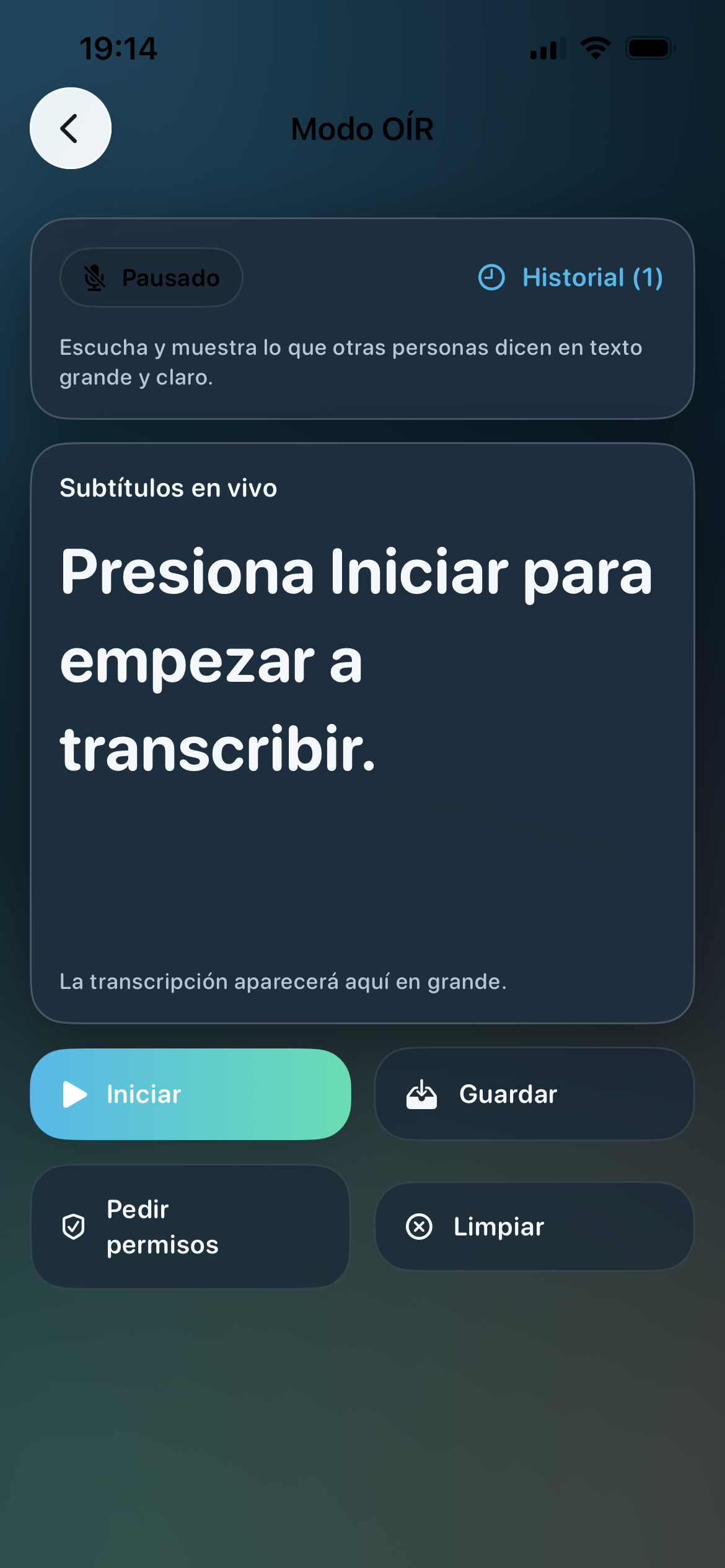 Modo oír con subtítulos grandes