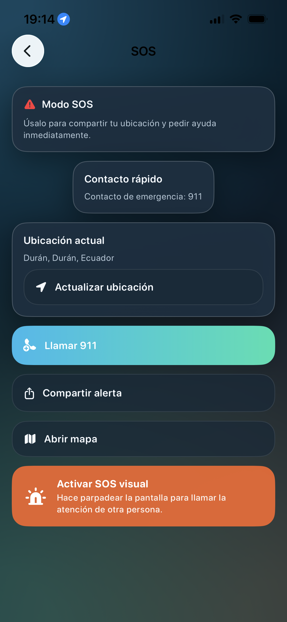 Pantalla SOS de Incluya